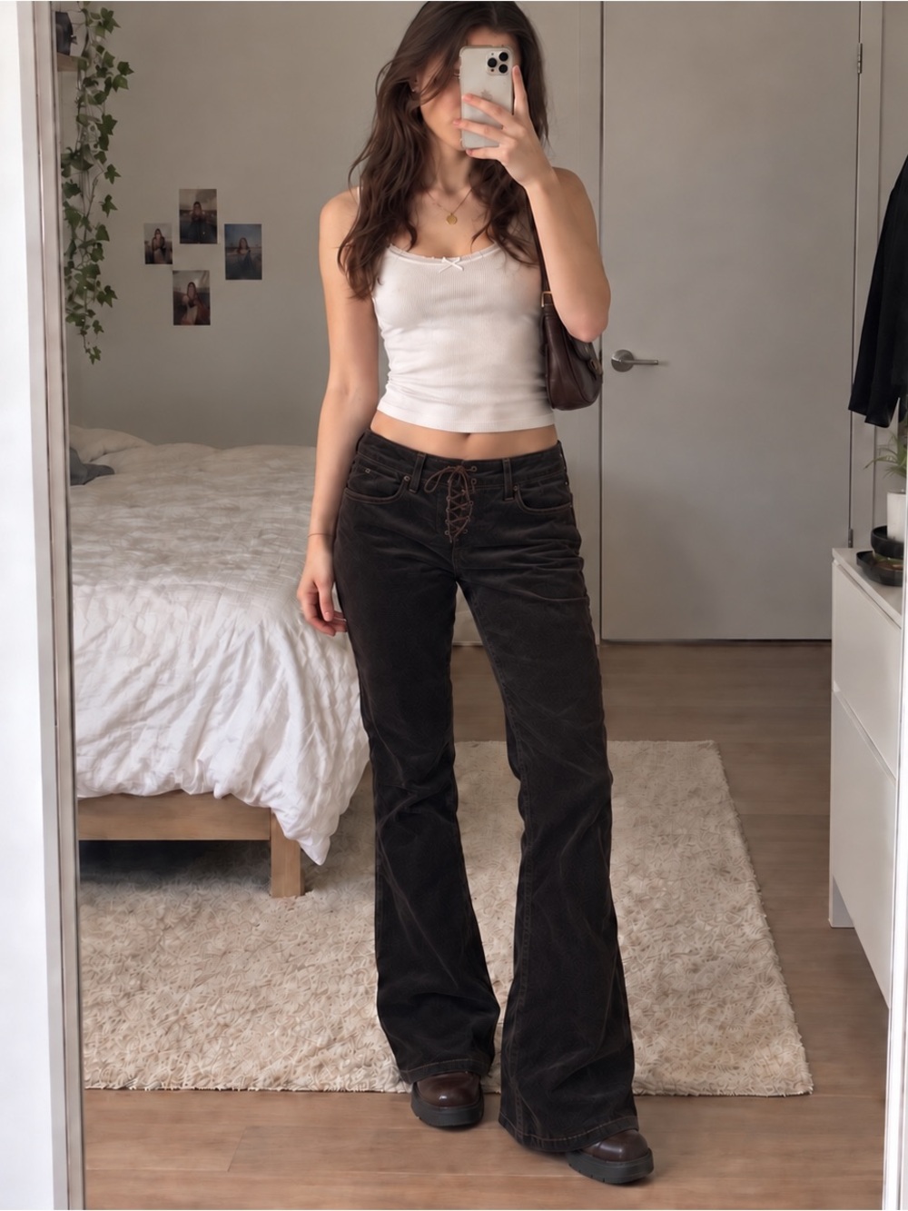 Y2K Brown Corduroy Lace Up Flare Pants Size 28/32 Western Indie Grunge